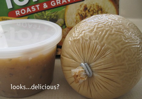tofurky and gravy on a counter