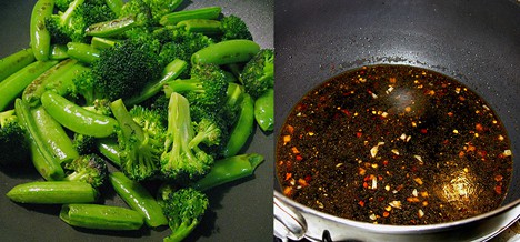 chopped snow peas, broccoli and scallions