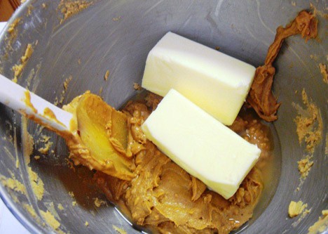 butter, peanut butter, confectioners' sugar and vanilla extract in a mixing bowl 