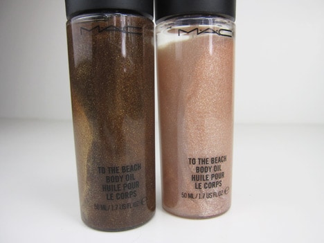 Man Rays with bronze base with tons of gold shimmer and it deposits a sheer golden tan and Seaside To The Beach Body Oil nude pink base with gold and silver shimmer