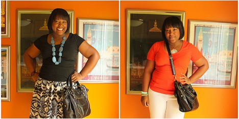A black haired woman wearing two different outfits on two different images wearing a black bag with portraits on the orange background