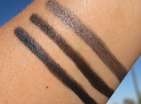 Kohl Power Eye Pencils in Mystery and Orpheus, Fluidline in Little Black Bow swatches
