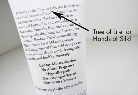 Burt’s Bees Ultimate Care Hand Cream Description text in the packaging with tree of life for hands of silk text