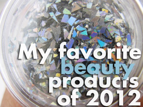 My favorite beauty products of 2012 text with confettis inside a container 