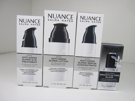  Nuance Salma Hayek AM/PM Skincare collection in a light-colored background