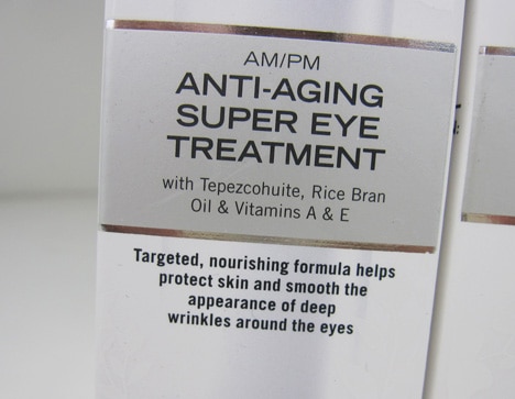Close up image of AM/PM Anti-Aging Super Eye Treatment packaging and text description