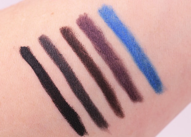 Milani Stay Put Waterproof Eyeliner Pencil swatches Linked On Black, Stay With Slate, Hooked On Espresso, Fixed On Plum, Keep On Sapphire from We Heart This