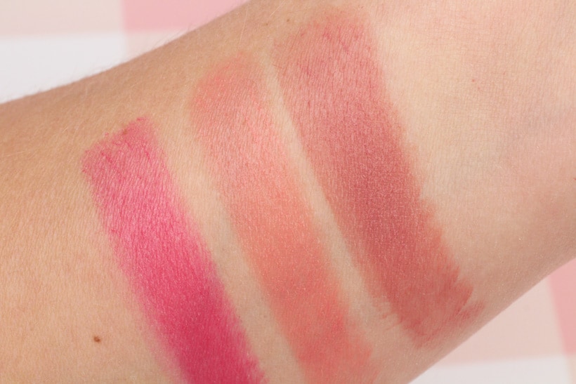 Pixi Shea Butter Lip Balm Ripe Raspberry, Sweet Peach and Natural Rose swatches