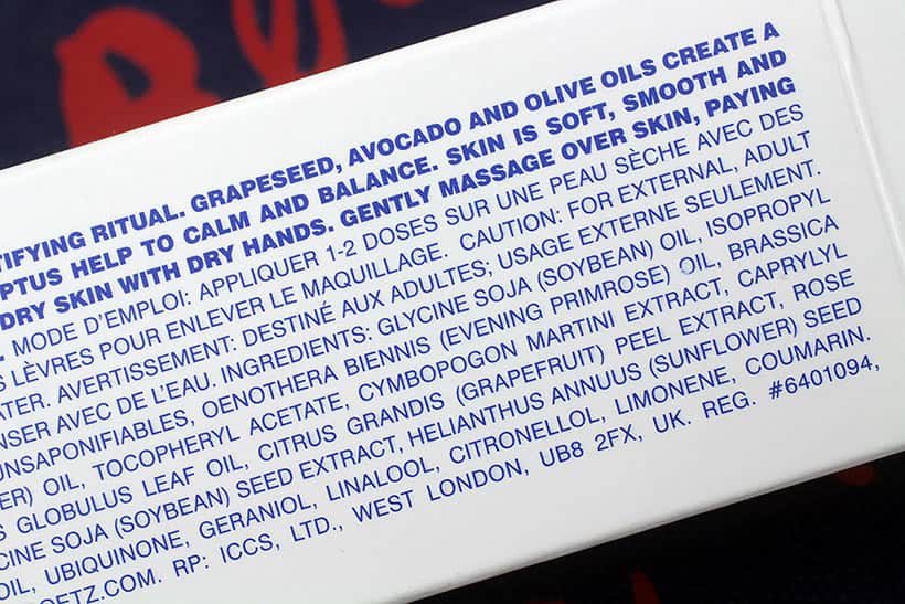 Malin + Goetz Facial Cleansing Oil ingredients on box