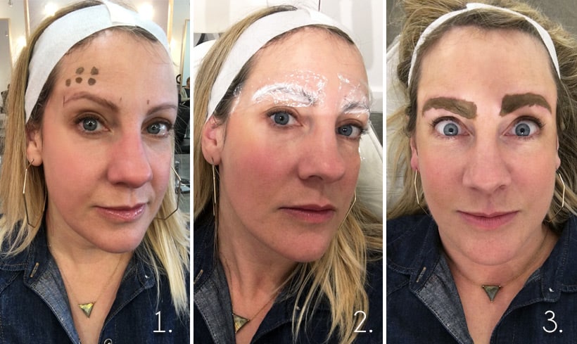Collage of in progress photos of women getting microblading