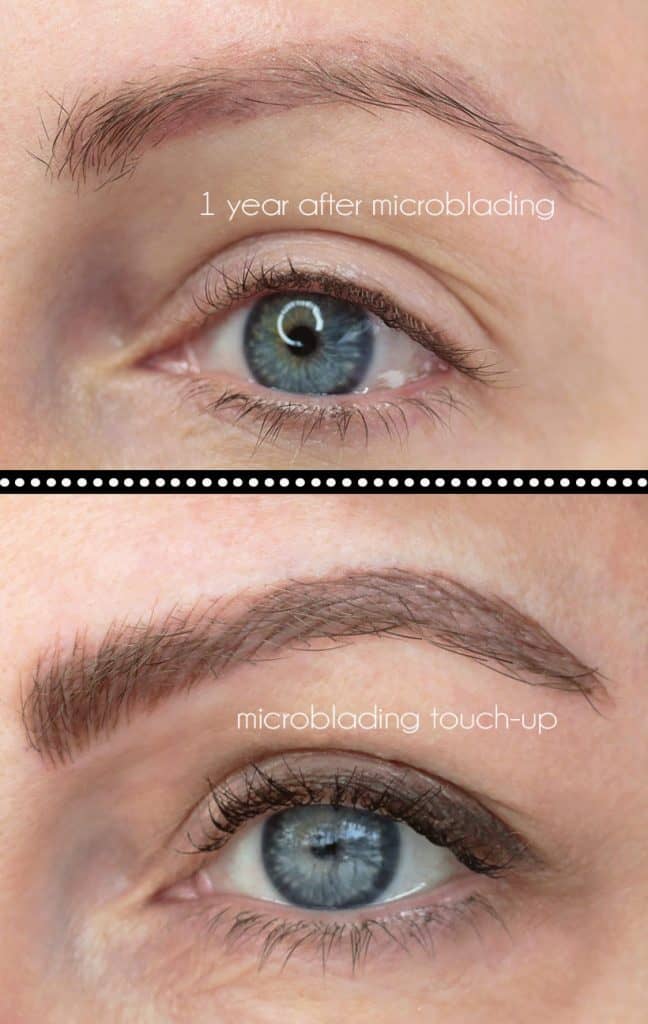 close up of a an eye and eyebrow one year after microblading and again after a microblading touch up