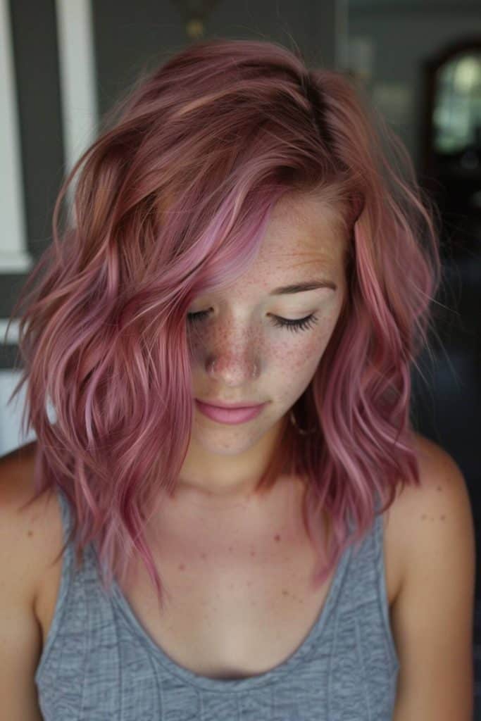 Young woman with freckles and wavy rose gold hair, looking downward.