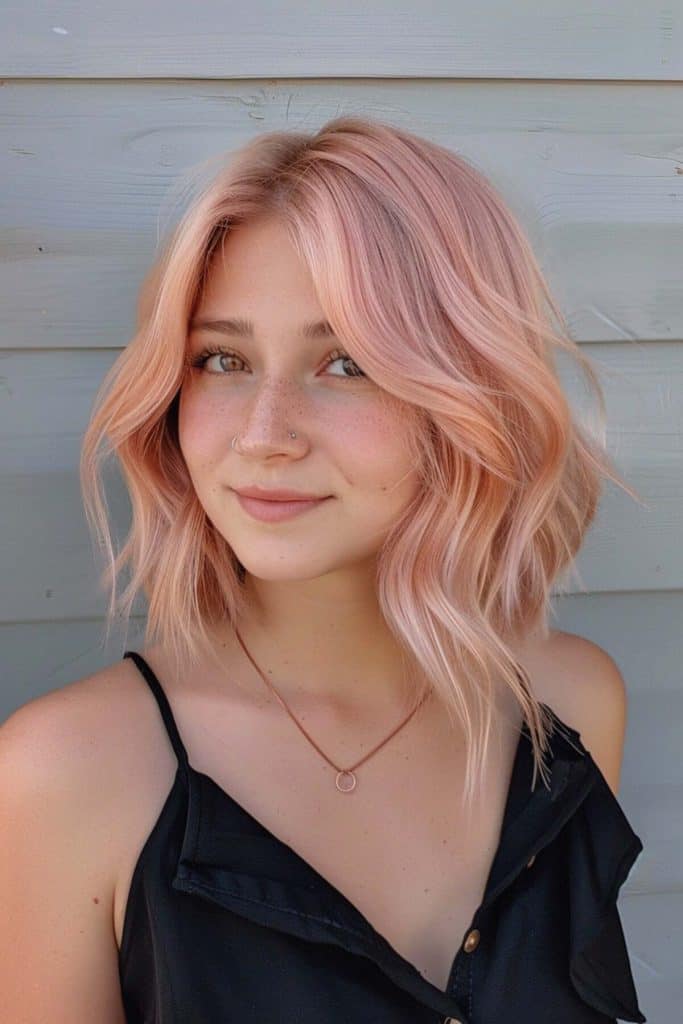 A young woman with rose gold hair and freckles smiling gently, wearing a black top, standing against a wooden wall.