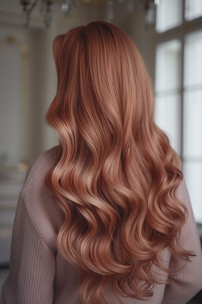 Rear view of a woman with long, wavy rose gold hair in an elegant indoor setting.