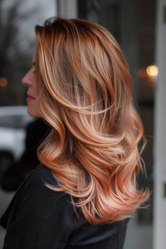 Profile view of a woman with long, wavy rose gold-colored hair, highlighting soft curls and smooth texture.