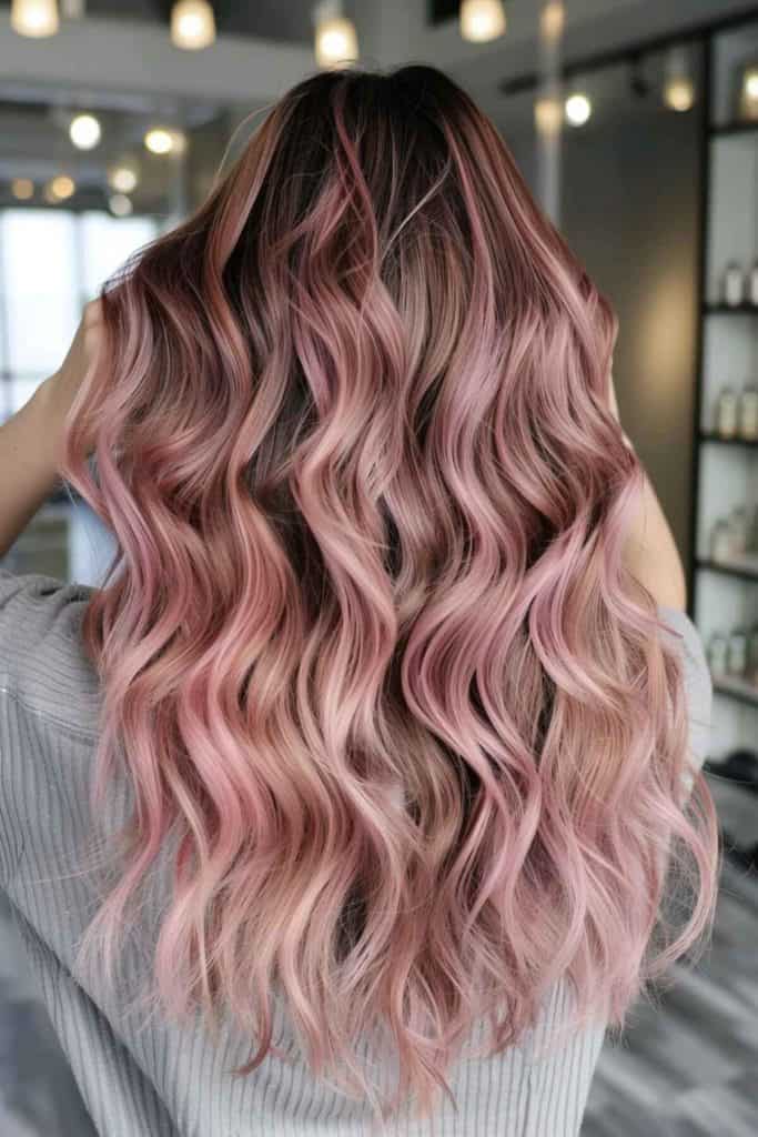 A woman with long, wavy rose gold hair standing with her back to the camera in a salon.
