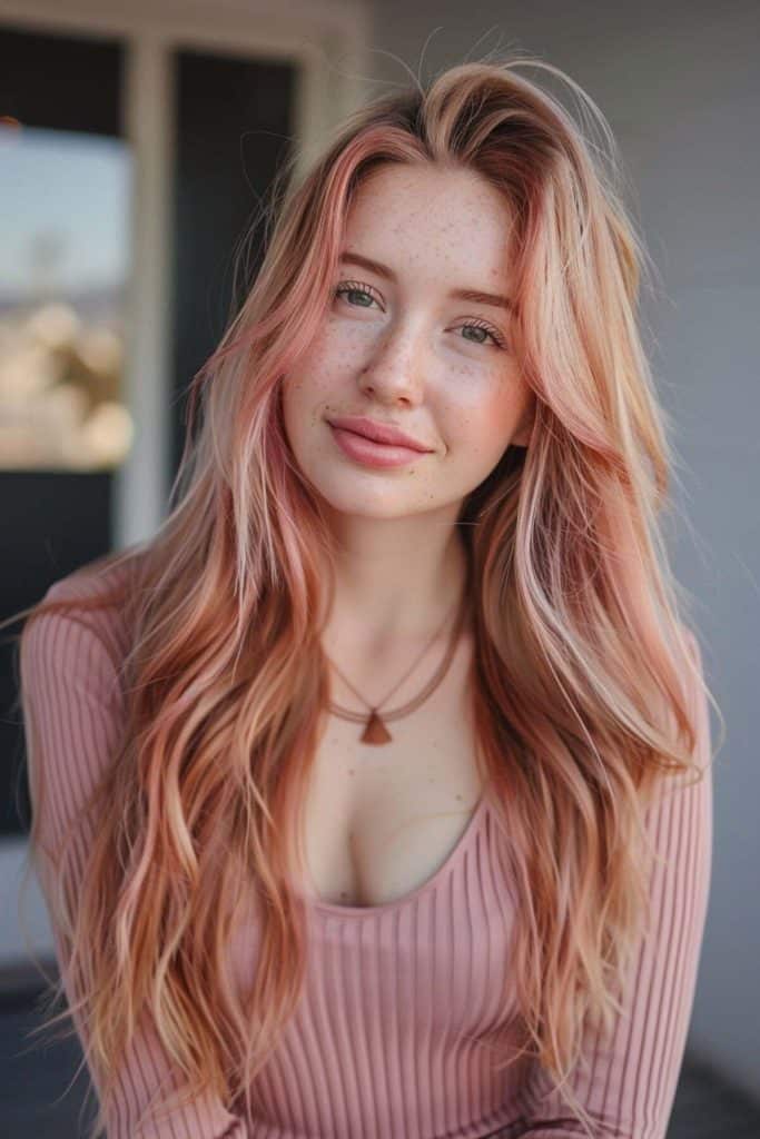 A young woman with long wavy rose gold hair and freckles smiling at the camera, wearing a pink top.