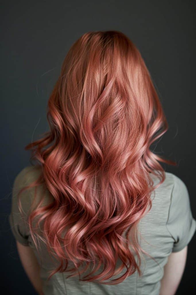A person seen from behind with long, wavy rose gold hair against a dark gray background.