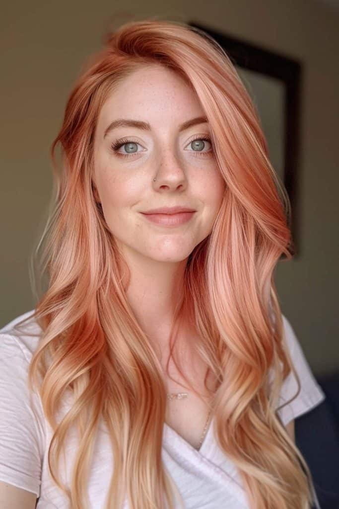 Woman with long, wavy, rose gold hair smiling at the camera in a softly lit room.