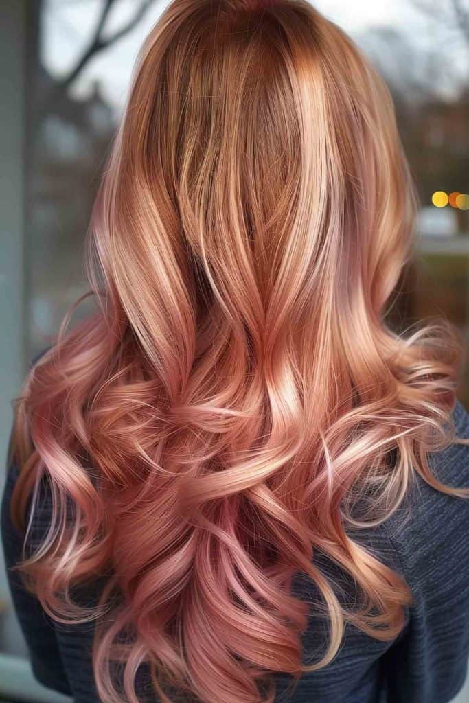 Woman with long, wavy hair showcasing a gradient of colors from dark blonde roots to rose gold tips.