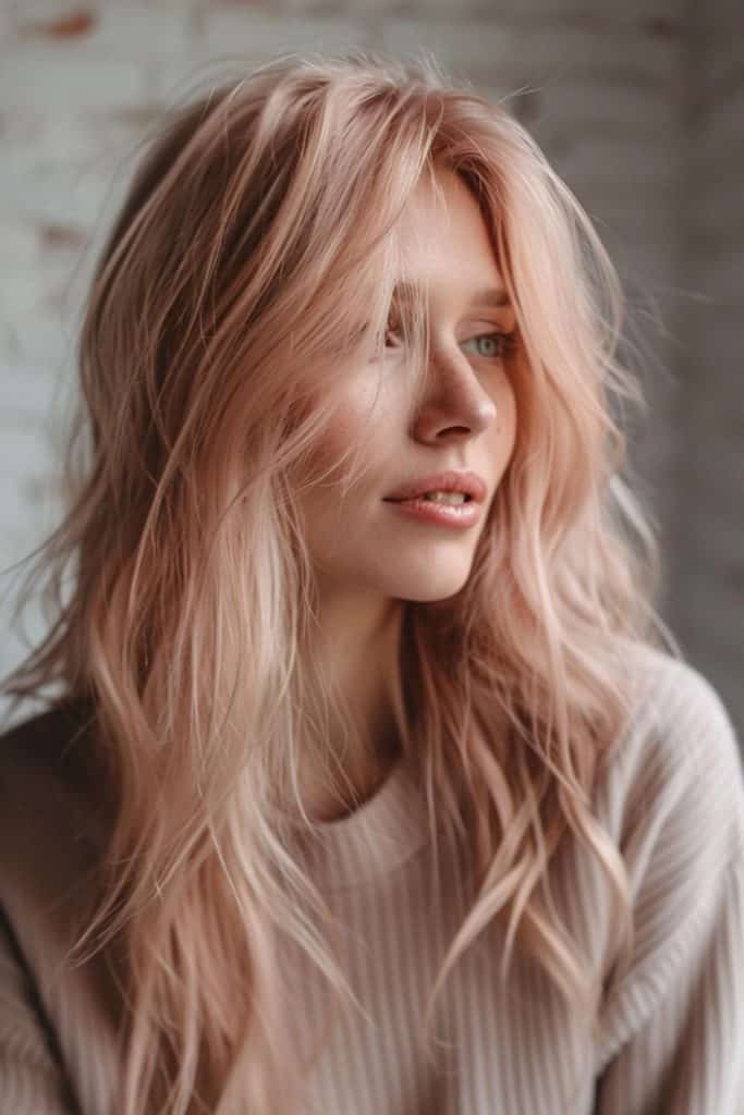 Portrait of a young woman with tousled rose gold hair, gazing to the side, against a blurred off-white background. She wears a soft pink sweater.