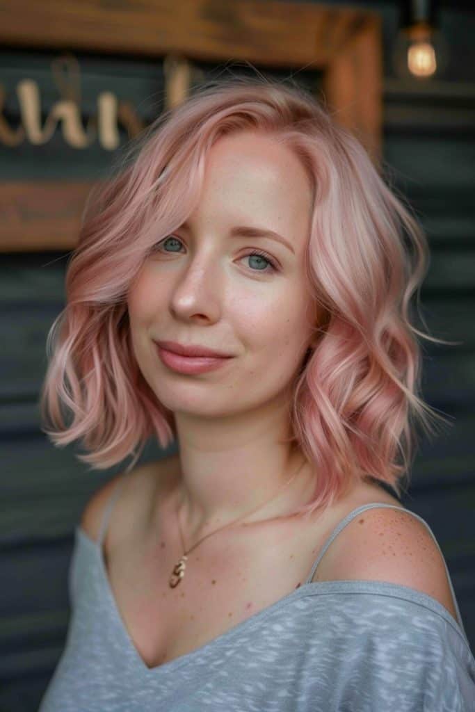 Young woman with rose gold hair and freckles smiling subtly, wearing a gray top, standing in front of a dark wooden background.