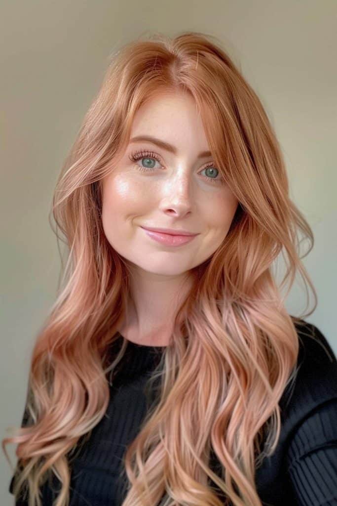 Portrait of a smiling woman with long, wavy rose gold hair and wearing a black top.