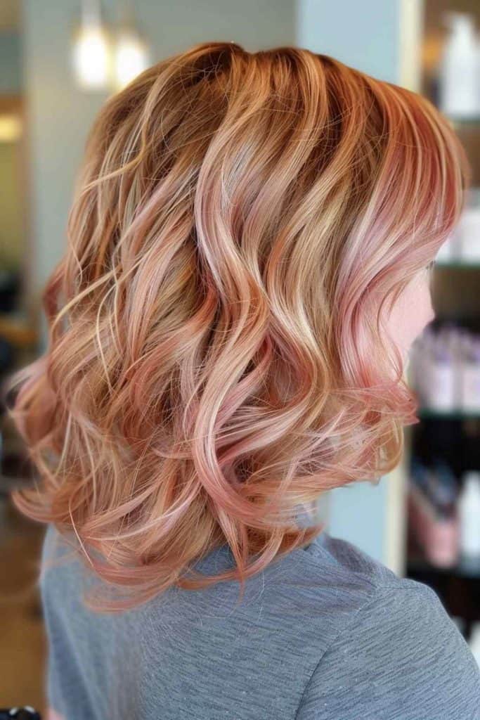 Side view of a person with shoulder-length, wavy hair dyed in shades of rose gold and pink, in a salon setting.