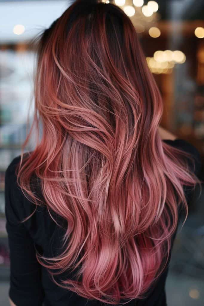 A woman with long, wavy hair dyed in shades of rose gold and blonde, viewed from behind.