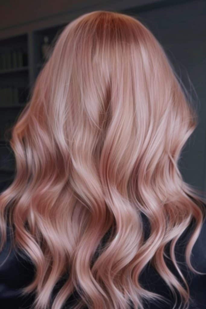 Back view of a person with long, curly, rose gold hair.
