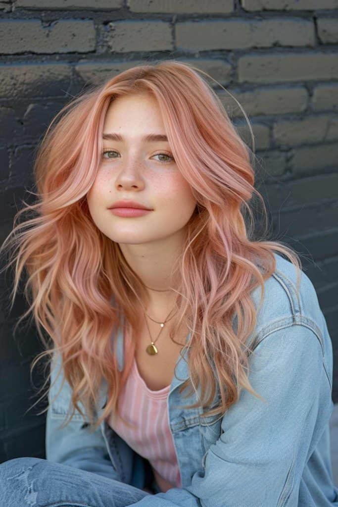 A young woman with rose gold hair sitting against a dark brick wall, wearing a denim jacket and a light pink top.