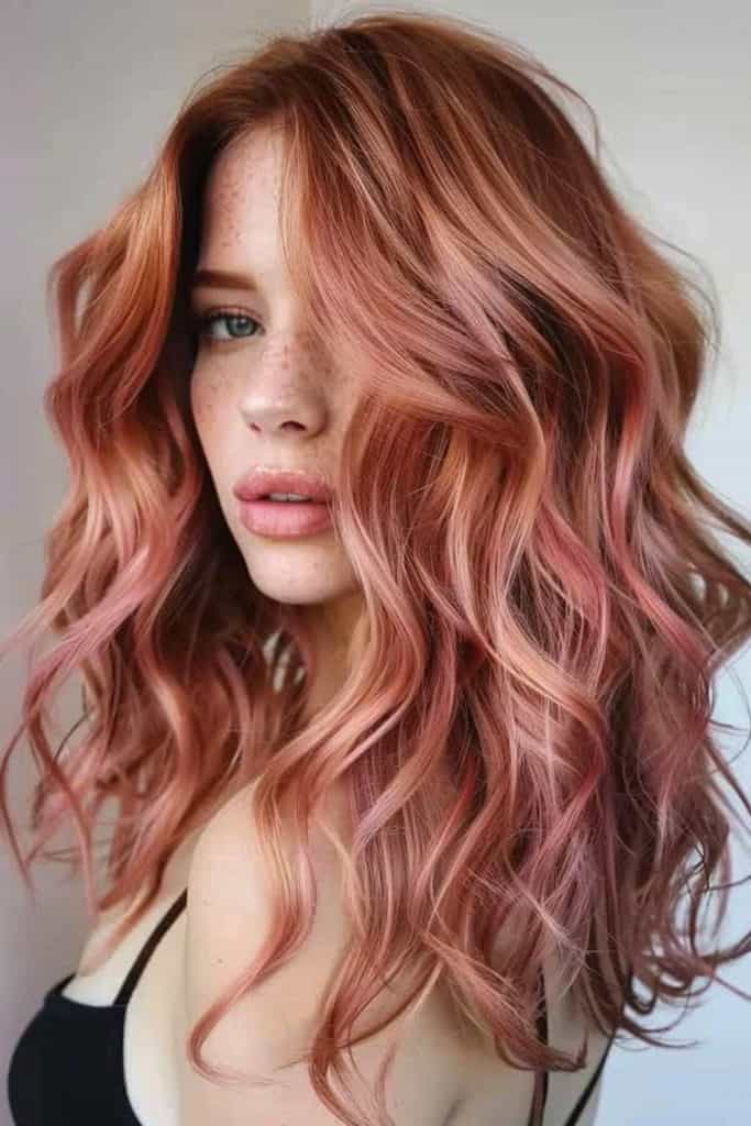 A young woman with long, wavy hair and freckles, looking away from the camera.