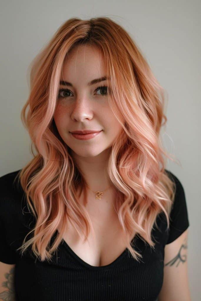 Portrait of a smiling woman with rose gold wavy hair and a black top, standing against a grey background.