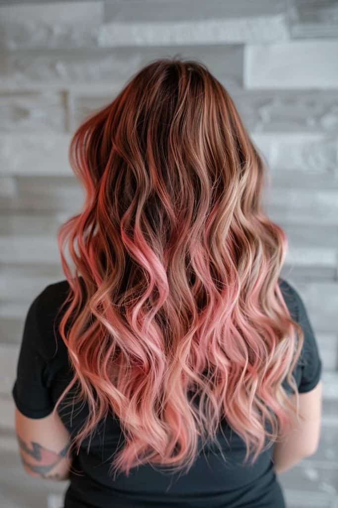 Rear view of a woman with long, wavy hair dyed in shades of rose gold and brown, standing against a gray textured wall.