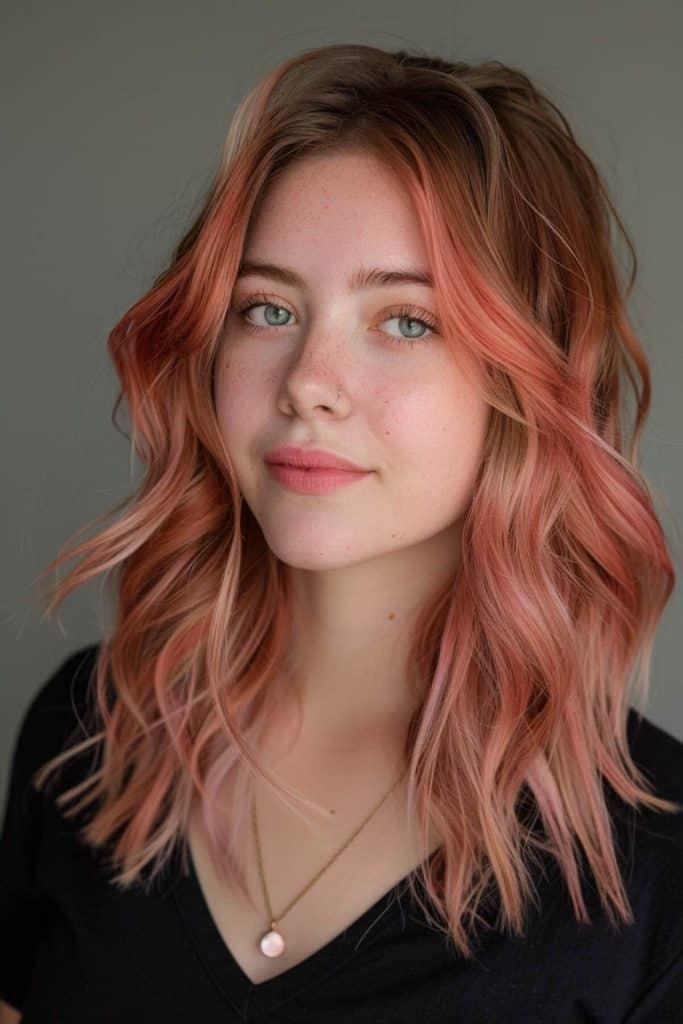 Young woman with shoulder-length wavy rose gold hair and blue eyes, wearing a black top, smiling gently at the camera.