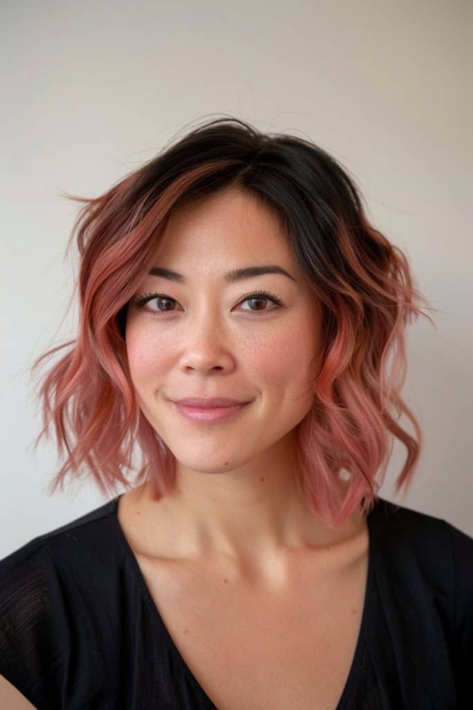 Portrait of a woman with a warm smile, featuring shoulder-length wavy hair with rose gold ombré highlights, wearing a black top.