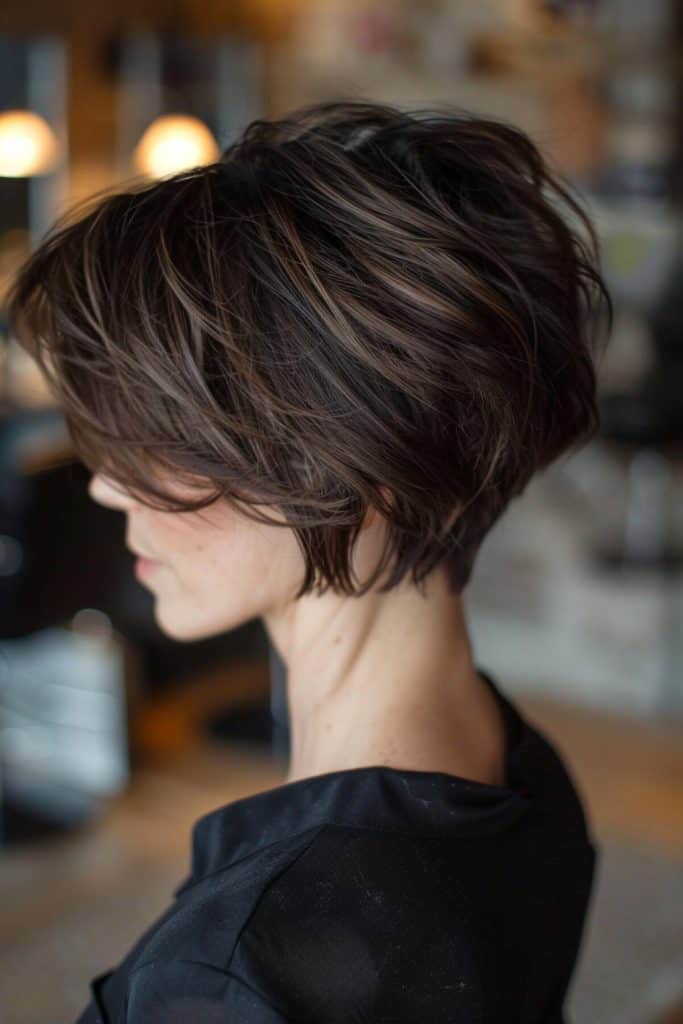 A person with short, layered brown hair styled in a short stacked bob haircut, wearing a black top, is shown in a profile view in an indoor setting.