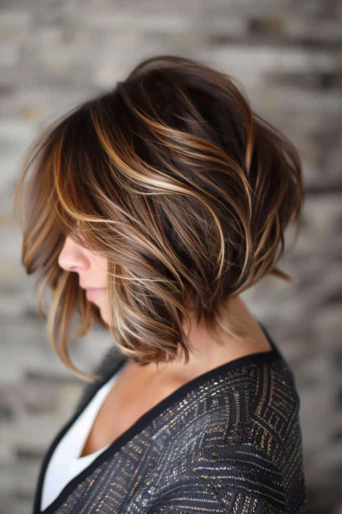 Profile view of a person with a short stacked bob haircut featuring brown and blonde highlights. The individual is wearing a dark patterned garment against a blurred neutral background.