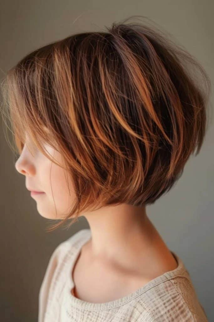 Side profile of a young person with a short stacked bob, layered brown hair, wearing a white, textured top, and looking slightly downward against a blurred, neutral background.