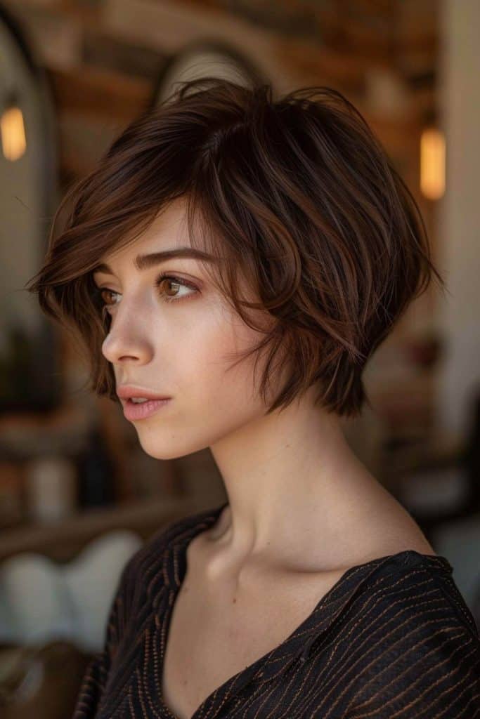 A woman with a short stacked bob looks to the side, her layered brown hair complementing the black top with subtle stripes. The background is blurred, featuring indoor setting elements.