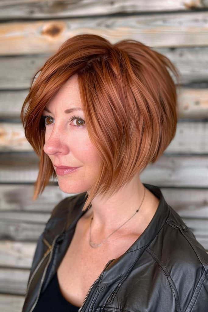 A person with a stylish, short stacked bob in a reddish-brown shade, wearing a black leather jacket, stands in front of a wooden plank background.