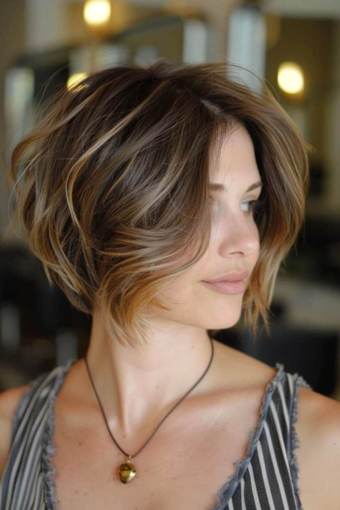 A woman with a short stacked bob, featuring brown and blonde highlights, wearing a striped top and a necklace, looks to the side in a well-lit indoor setting.