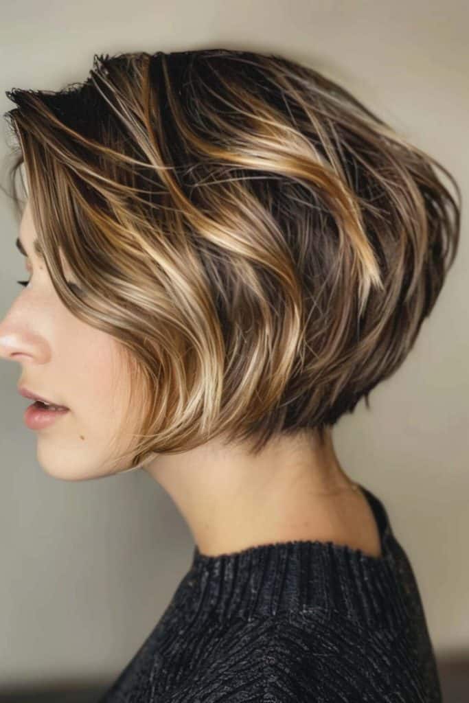 Profile view of a person with a short, stacked bob haircut featuring blonde highlights and brown lowlights, wearing a black knit sweater.