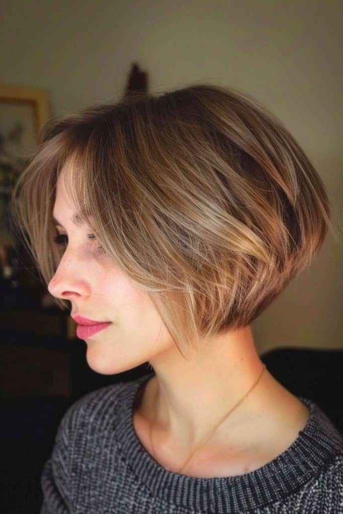 Close-up side profile of a woman with a short stacked bob haircut, wearing a gray sweater. She has light brown, slightly wavy hair and appears to be indoors.