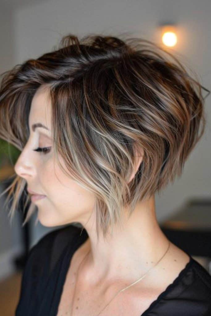 A woman with a short stacked bob featuring dark roots and lighter blonde highlights, photographed in profile indoors with soft lighting.