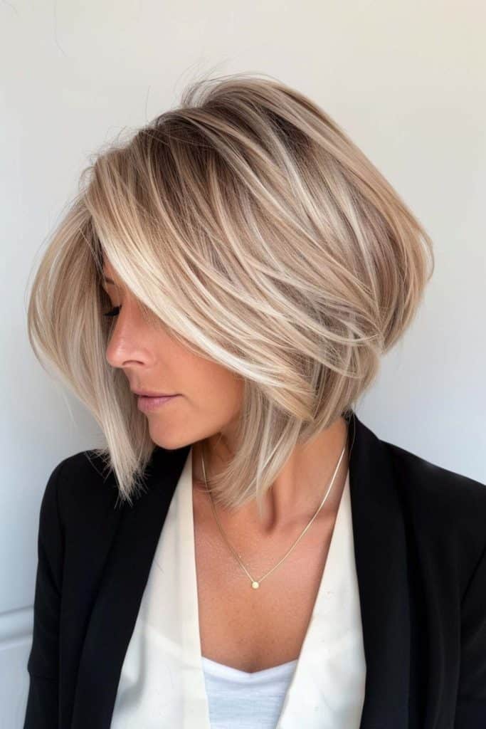 A woman with a short, stylish stacked bob haircut wearing a black blazer over a white blouse.