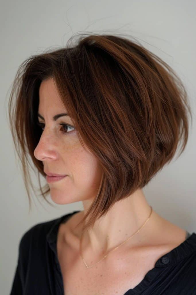 A woman with a short stacked bob and a slight smile is wearing a dark top and a delicate necklace, viewed in profile against a plain background.