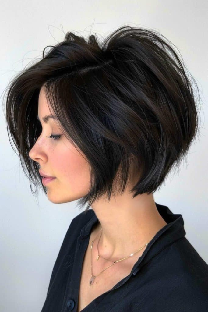 Profile view of a person with a short, stacked, layered dark bob haircut, wearing a black shirt and a necklace.