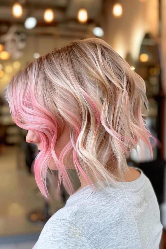 A woman with a short stacked blonde bob featuring pink highlights stands in an indoor setting.