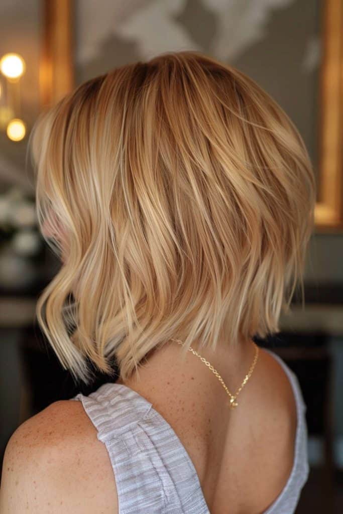 A woman with a short stacked bob styled in loose waves, viewed from the back. She is wearing a light gray top and a delicate gold necklace.